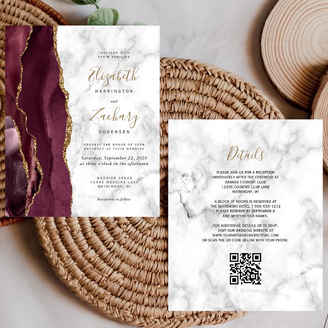 Papier Mariage Code QR de Marbre Agate Or de Bourgogne (Créateur téléchargé)