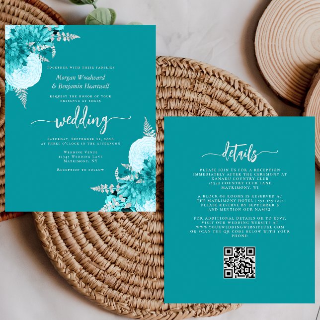 Papier Mariage Code QR Floral Argent Turquoise Budget (Créateur téléchargé)