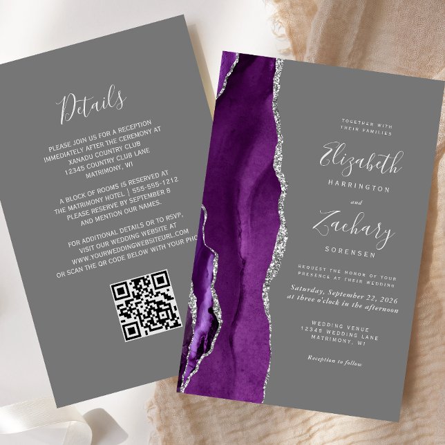 Papier Mariage Code QR Gris Agate Violet Budget (Créateur téléchargé)