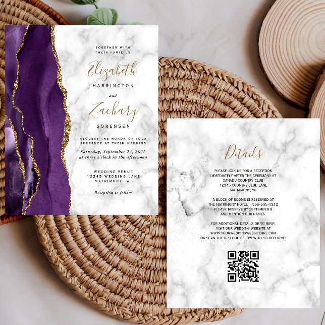 Papier Mariage Code QR Marbre Agate Or Violet Budget (Créateur téléchargé)