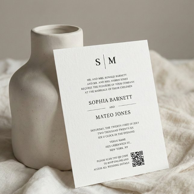 Papier Mariage Code QR Monogramme Classique Blanc Cassé (Créateur téléchargé)