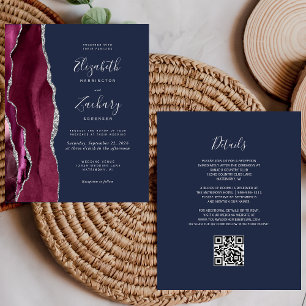 Papier Mariage Code QR Navy Agate Argent Bourgogne Pas Ch