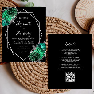 Papier Mariage Code QR Noir Argent Floral Émeraude Budget