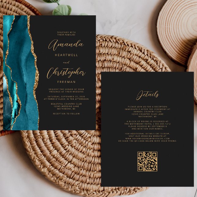 Papier Mariage Code QR Sable Agate Bleu Turquoise Budget (Créateur téléchargé)