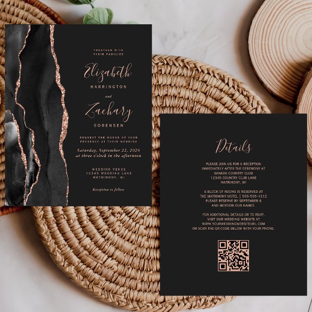 Papier Mariage Code QR Sable Rose Doré Agate Noir Budget (Créateur téléchargé)