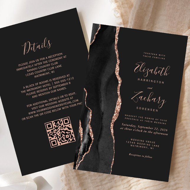 Papier Mariage Code QR Sable Rose Doré Agate Noir Budget (Créateur téléchargé)