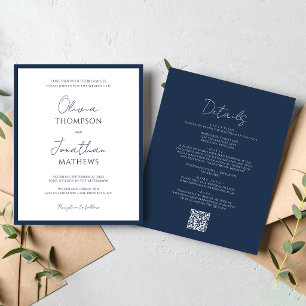 Papier MARIAGE Code QR Simple Bleu Marine Script