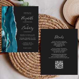 Papier Mariage Code QR Sombre Agate Argent Teal Budget
