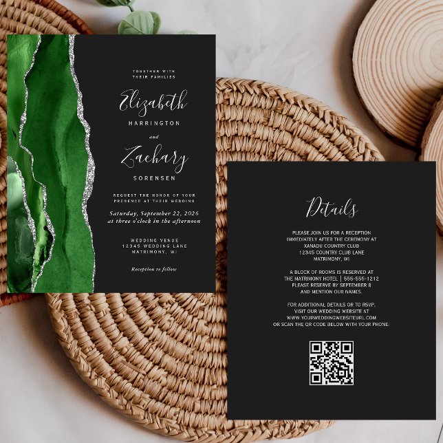 Papier Mariage Code QR Sombre Agate Vert Budget (Créateur téléchargé)