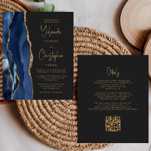 Papier Mariage Code QR Sombre Or Bleu Nuit Agate Budget