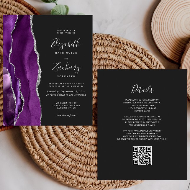 Papier Mariage Code QR Violet Agate Argent Foncé Budget (Créateur téléchargé)