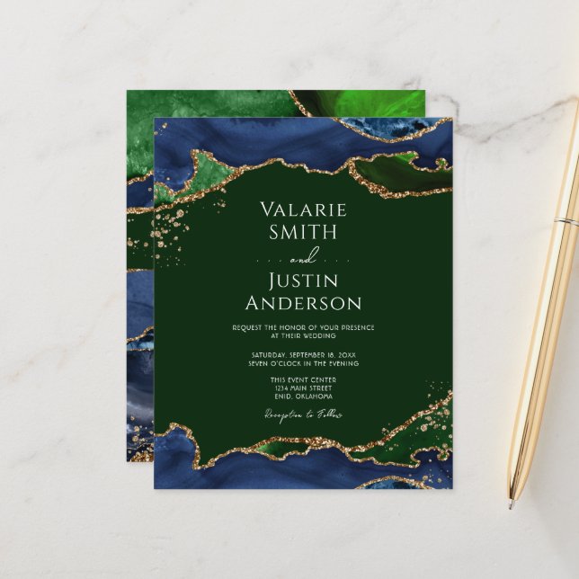 Papier Mariage d'âge bleu et vert de la Marine (Devant/Arrière en situation)