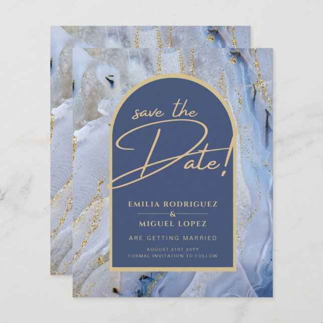 Papier Mariage d'arche en marbre moderne bleu or (Devant / Derrière)