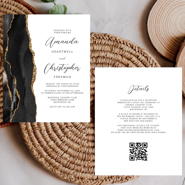 Papier Mariage de code QR de l'Agate Black Gold Budget (Créateur téléchargé)