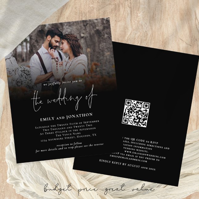 Papier Mariage de code QR du script de photo budgétaire I (Budget Price Wedding Invitations with custo photo and black overlay)