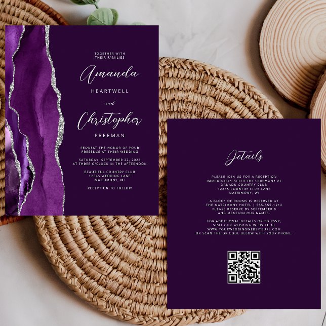 Papier Mariage de code QR Plum Agate d'argent violet budg (Créateur téléchargé)
