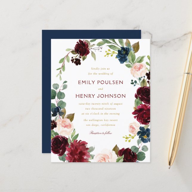 Papier Mariage de couronnes florales bordeaux de la marin (Devant/Arrière en situation)
