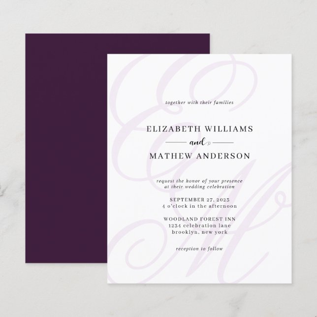 Papier Mariage de monogramme violet de script élégant du  (Devant / Derrière)
