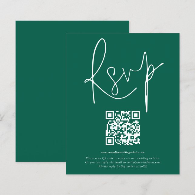 Papier Mariage de script de code QR Budget Emerald RSVP (Devant / Derrière)