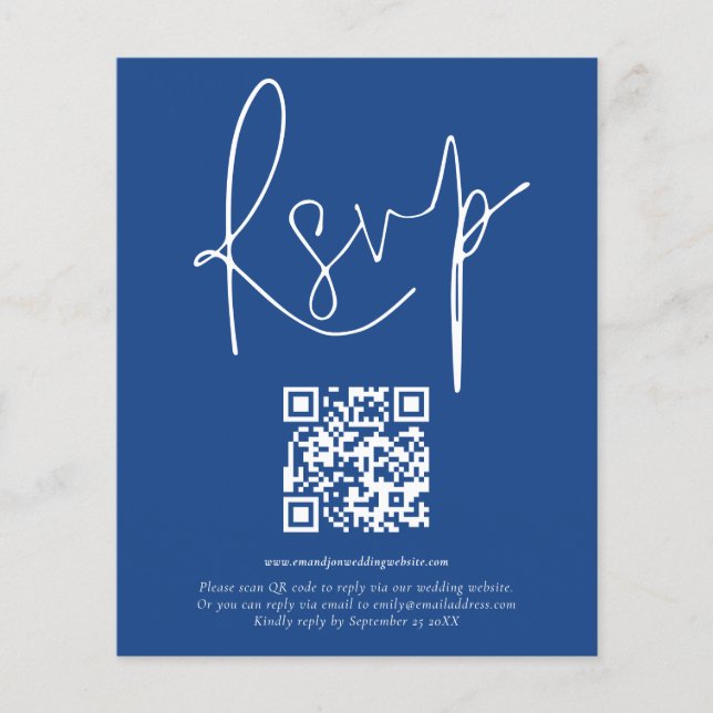 Papier Mariage de script de code QR budgétaire bleu RSVP (Devant)