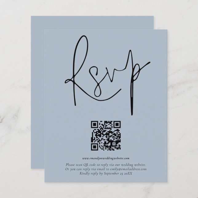 Papier Mariage de script de code QR budgétaire Dusty Blue (Devant / Derrière)