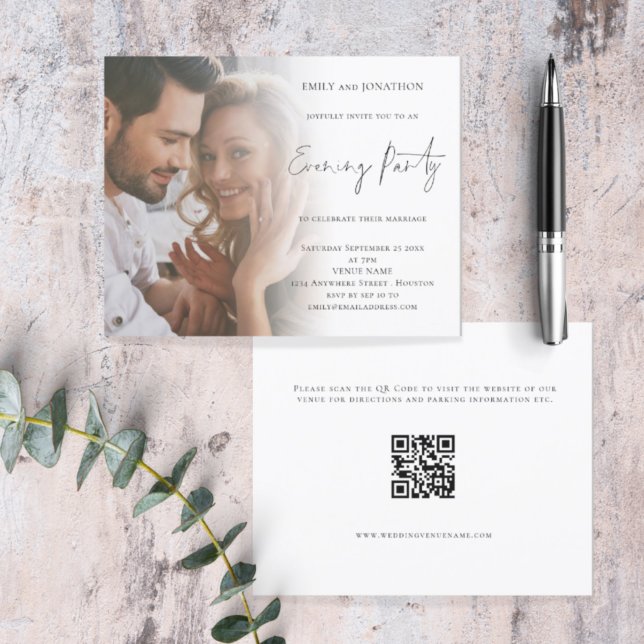 Papier Mariage de soirée du code QR de la photo du script (Front and back view. Smaller budget price alternative. Part of a larger matching wedding suite)
