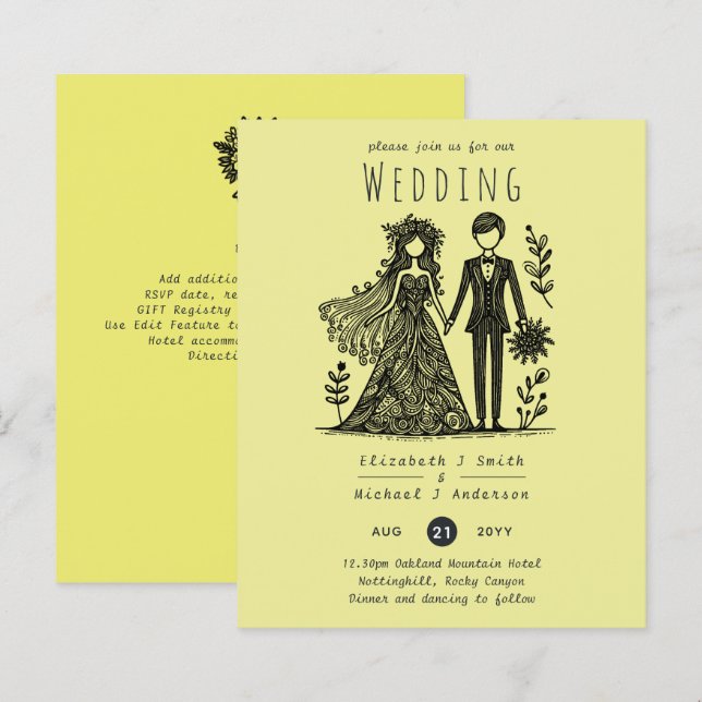 Papier Mariage dessiné à la main mariée mariée Groom Jaun (Devant / Derrière)