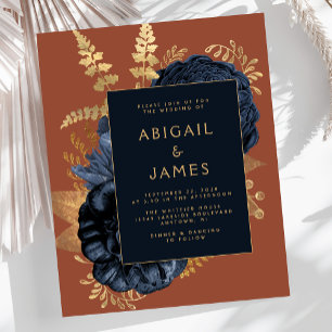Papier Mariage Élégant Floral Bleu Nuit Or Rouille
