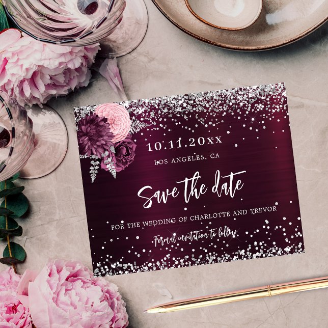 Papier Mariage fleurs bordeaux argent économisez la date (Créateur téléchargé)