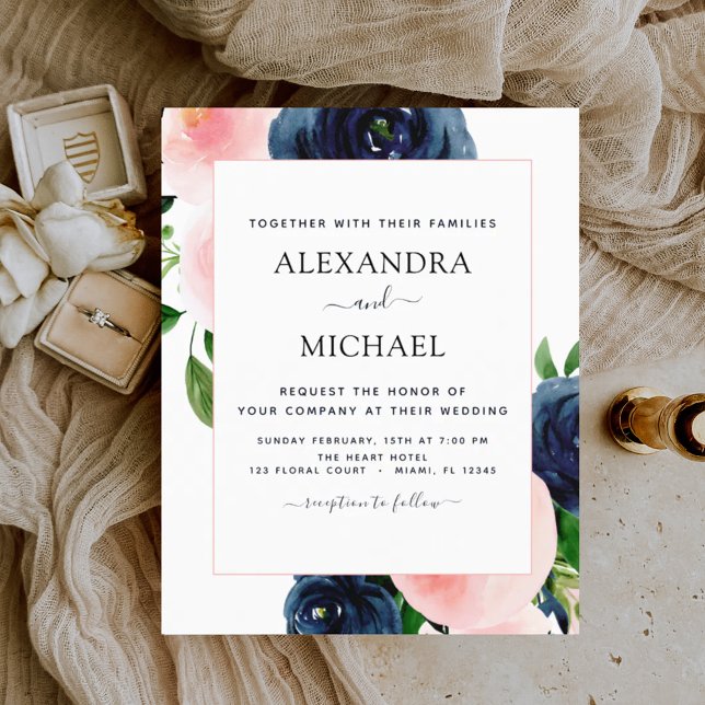 Papier Mariage floral bleu bleu bleu marine rose (Créateur téléchargé)