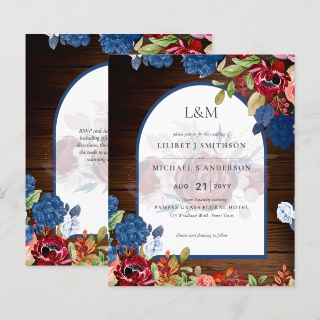 Papier Mariage Floral bleu Bourgogne rustique (Devant / Derrière)