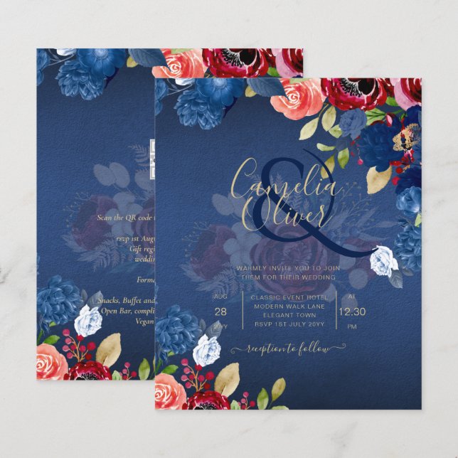 Papier Mariage Floral bleu Bourgogne rustique (Devant / Derrière)