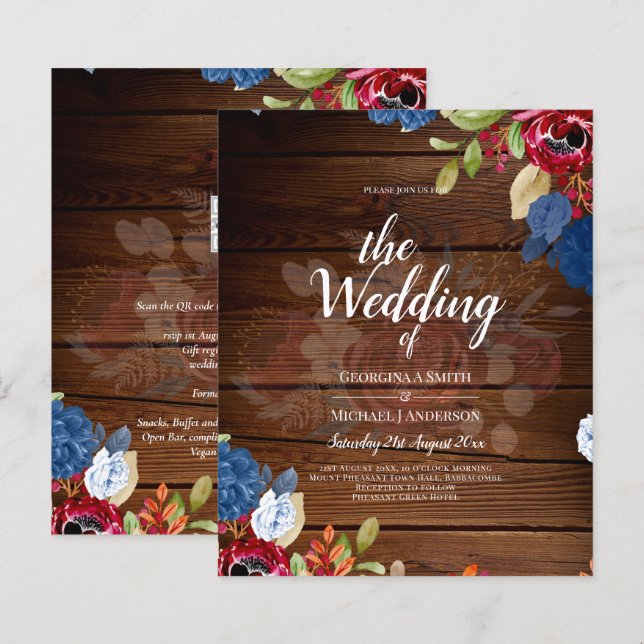 Papier Mariage Floral bleu Bourgogne rustique (Devant / Derrière)