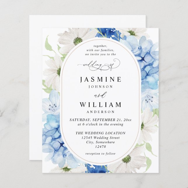 Papier Mariage floral bleu et blanc à budget (Devant / Derrière)