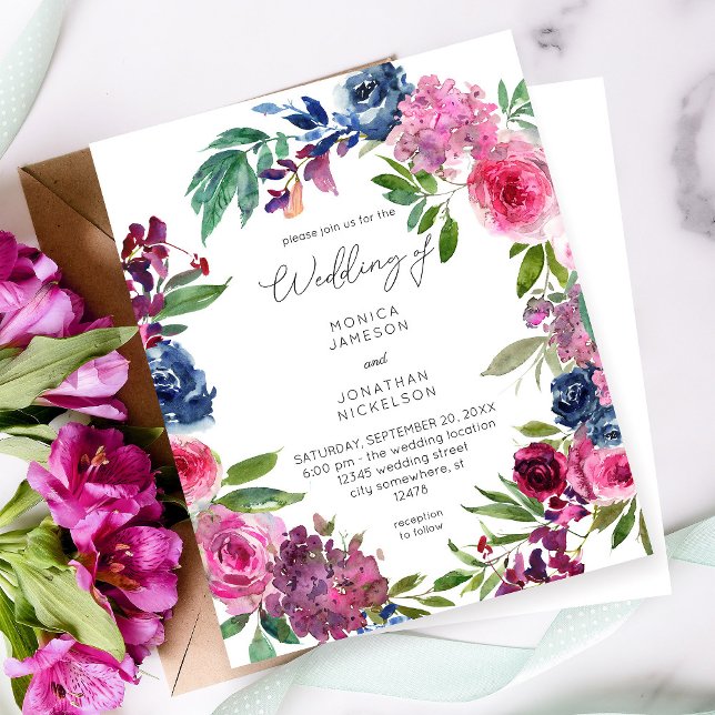 Papier Mariage floral bleu marine et rose chaud budget (Créateur téléchargé)