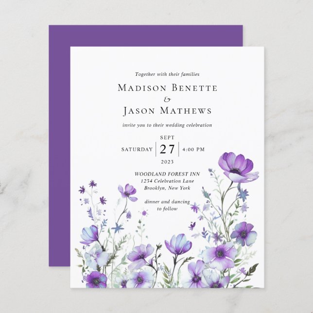 Papier MARIAGE floral bohème violet élégant BUDGET (Devant / Derrière)