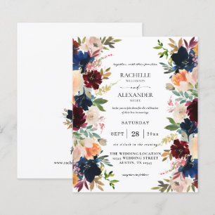 Papier Mariage floral Budget Marine, Bourgogne, Rose et P