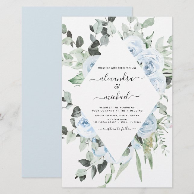 Papier Mariage Floral de Jardin Poussiéreux Bleu Économiq (Devant / Derrière)