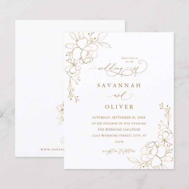 Papier Mariage Floral Gold Linal Budget Blanc & Or (Devant / Derrière)