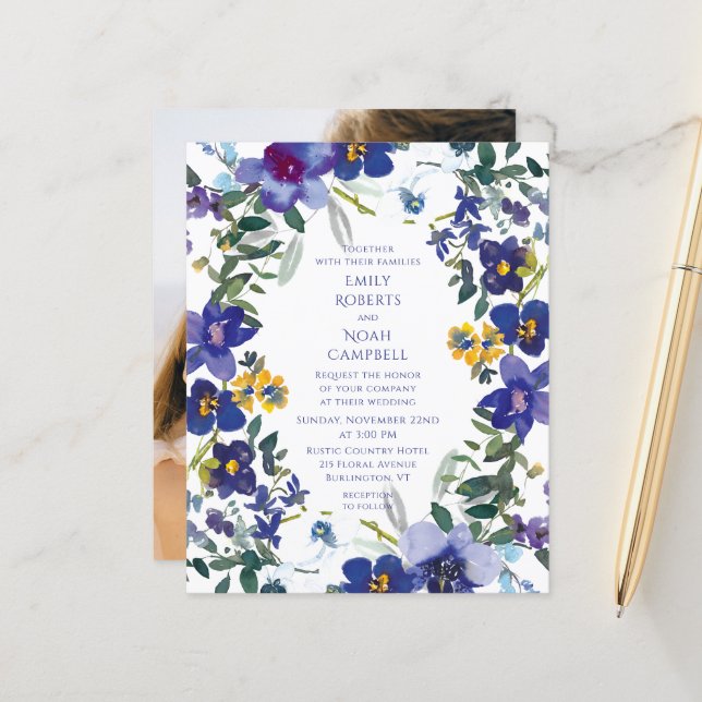 Papier Mariage Floral Orchidée violet et blanc budget (Devant/Arrière en situation)