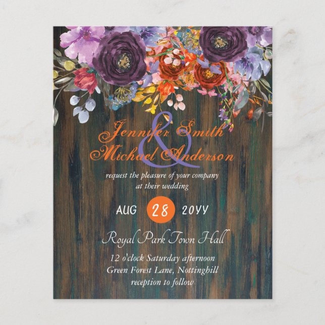 Papier Mariage Floral Rustique Violet Orange Rose Invite (Devant)
