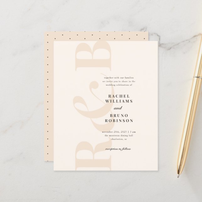 Papier Mariage Initiales minimalistes de bleus et de crèm (Devant/Arrière en situation)