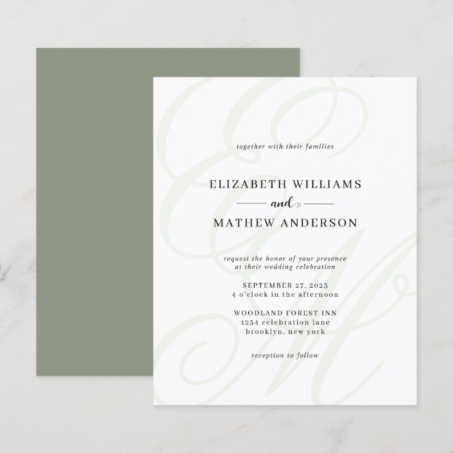 Papier Mariage Monogramme vert de la taille de script élé (Devant / Derrière)