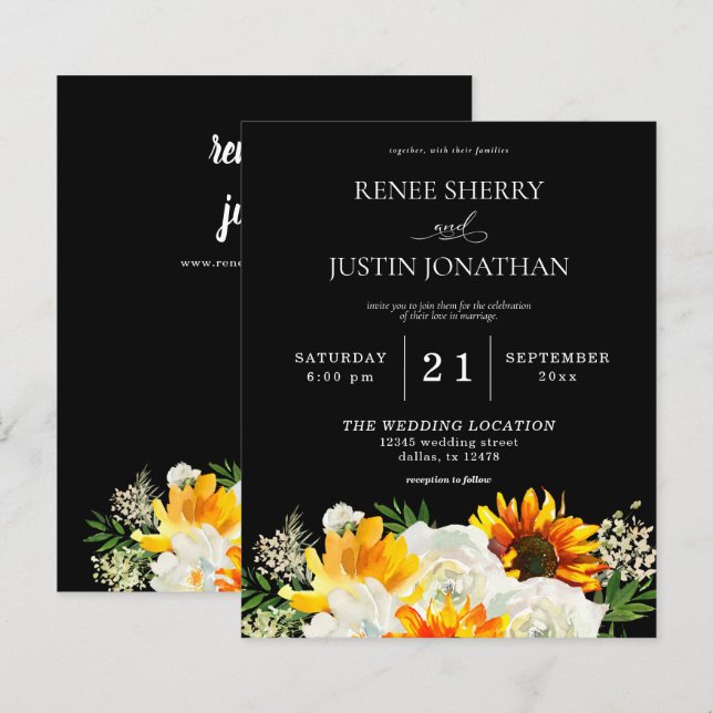 Papier Mariage noir floral blanc et tournesol budget 2 (Devant / Derrière)