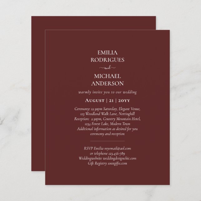 Papier Mariage Tout Compris Budget Moderne Monochrome (Devant / Derrière)