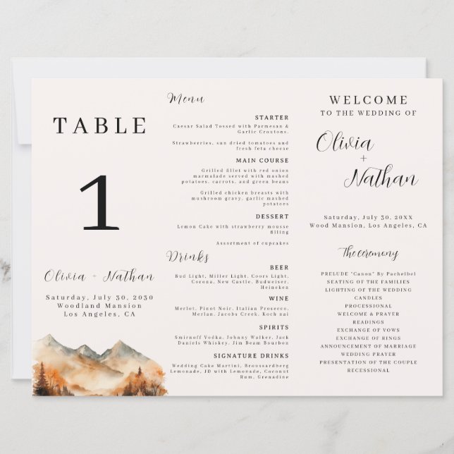 Papier Mariage Tri-Fold Automne Mountain Numéro de table (Devant)