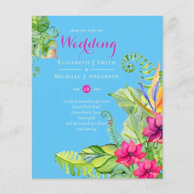 Papier Mariage Tropical Palm Invite Fuchsia Ginger Blue (Devant)