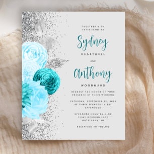 Papier Mariage Turquoise Argent Calligraphie Florale