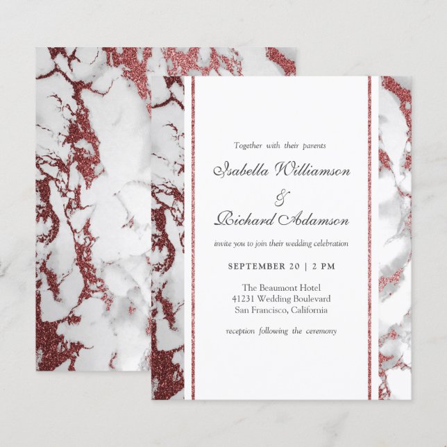 Papier Mariage Typographie Classique Marbre Or Rose Budge (Devant / Derrière)