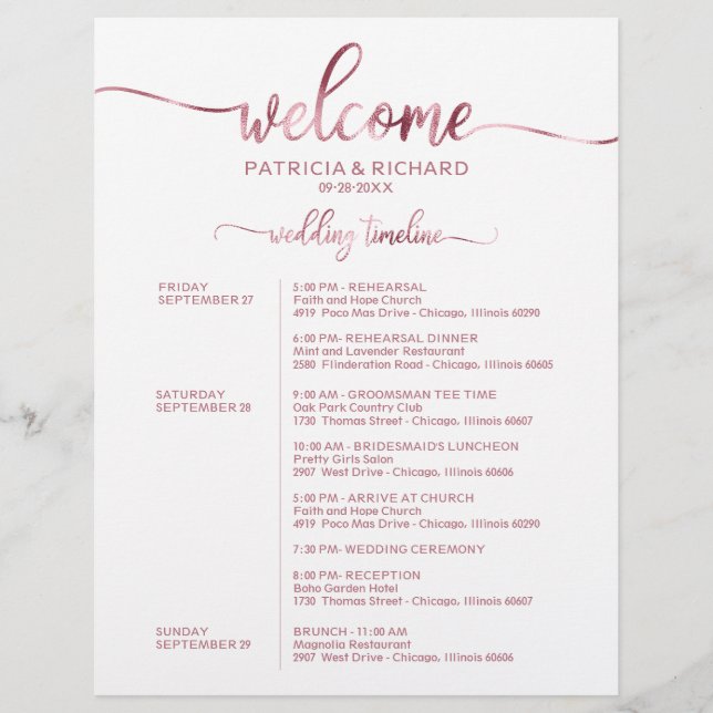 Papier Mariage Week-end Itinéraire Simple Chic Timeline (Devant)